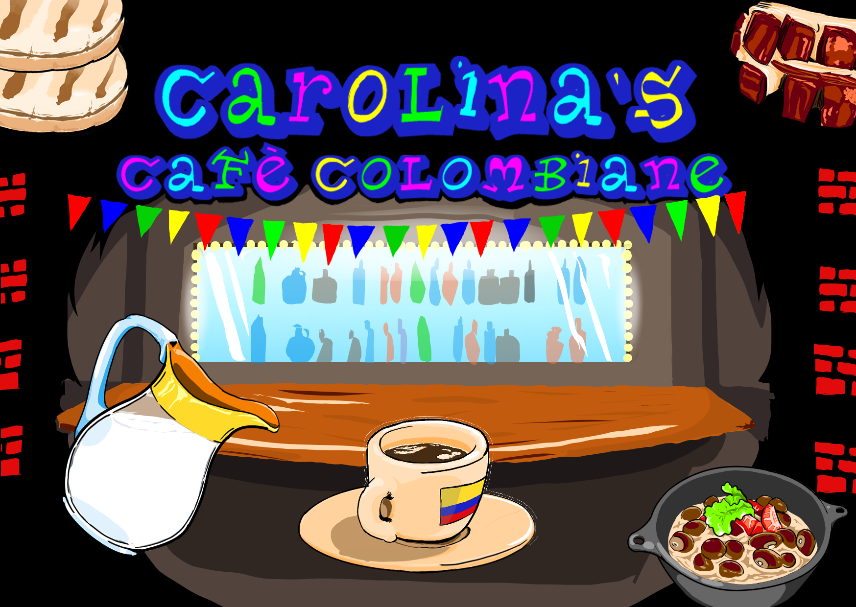 Carolina's Café Colombiane dialogue tool and game UI showing branching conversation and cafe gameplay systems.
